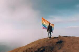 AI generated person standing on top of the hill and holding the LGBT pride flag, neural network generated photorealistic image photo