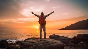 AI generated Happy traveler enjoying freedom at susnet beach - Cheerful hiker with backpack raising hands up at sunset, neural network generated photorealistic image photo