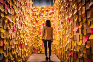 AI generated A woman standing in front of a wall full of sticky notes, neural network generated photorealistic image photo