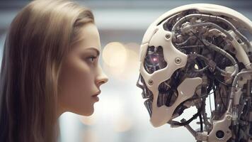 AI generated caucasian woman versus robot looking at each other, face to face, side view, neural network generated image photo