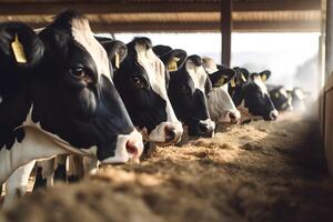 AI generated Row of black and white cows at cowshed on dairy farm, neural network generated image photo