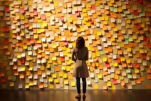 AI generated A woman standing in front of a wall full of sticky notes, neural network generated photorealistic image photo