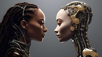 AI generated humanoid robot and african american young adult woman face to face looking to each other, neural network generated image photo