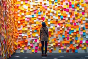 AI generated A woman standing in front of a wall full of sticky notes, neural network generated photorealistic image photo