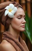 AI generated young woman has brown towel and white flower in her hair from traditional spa photo