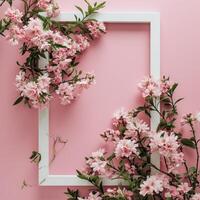 ai generado blanco marco con un marco de rosado flores en un rosado antecedentes foto