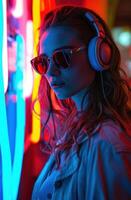 AI generated woman with headphones and sunglasses in front of a colorful glowing neon wall photo