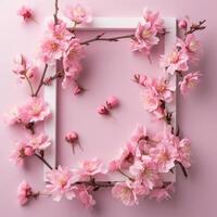 AI generated white frame with a frame of pink flowers on a pink background photo