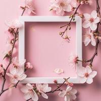 AI generated white frame with a frame of pink flowers on a pink background photo