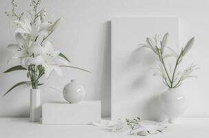 AI generated white paper template and pictures of white apsara flowers on a white table photo