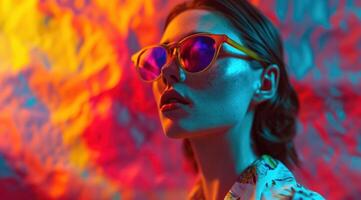 AI generated woman standing on a colorful background wearing colorful sunglasses photo