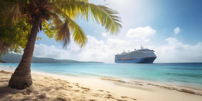 AI generated Large cruise liner in the background with a palm tree on white sand coral beach, neural network generated photorealistic image photo