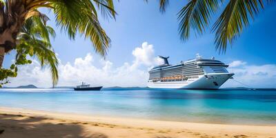 ai generado grande crucero transatlántico en el antecedentes con un palma árbol en blanco arena coral playa, neural red generado fotorrealista imagen foto