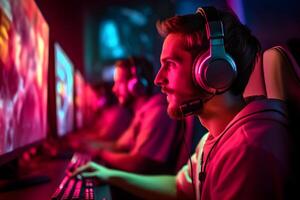 AI generated young caucasian gamer with headset playing video games with computer and multiple screens lit with saturated neon lights, neural network generated photorealistic image photo