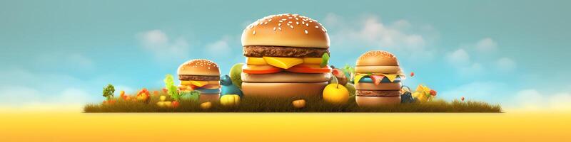 AI generated hamburgers on yellow surface on blue sky background for page header, neural network generated image photo