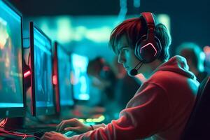 AI generated young caucasian gamer with headset playing video games with computer and multiple screens lit with saturated neon lights, neural network generated photorealistic image photo