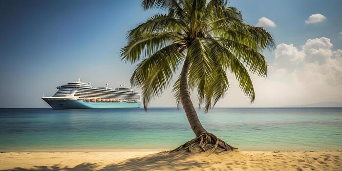 AI generated Large cruise liner in the background with a palm tree on white sand coral beach, neural network generated photorealistic image photo