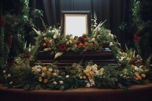 AI generated dictator funeral mockup, coffin with blank portrait board surrounded with large quantity of flowers, neural network generated art photo