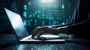 AI generated hands typing on a laptop with digital numbers on screen in dark environment, neural network generated photorealistic image photo