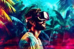 AI generated Man is using virtual reality headset, head and shoulders portrait on colorful background, neural network generated photorealistic image photo