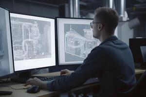 AI generated Over the Shoulder view of an Engineer Working with CAD Software using three large computer screens, neural network generated photoreaslistic image photo