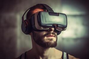 AI generated Man is using virtual reality headset, head and shoulders portrait on gray wall background, neural network generated photorealistic image photo