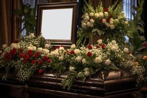 ai generado dictador funeral Bosquejo, ataúd con blanco retrato tablero rodeado con grande cantidad de flores, neural red generado Arte foto