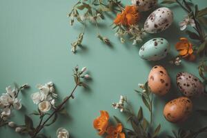 ai generado Pascua de Resurrección huevos en un verde fondo, floral motivos foto