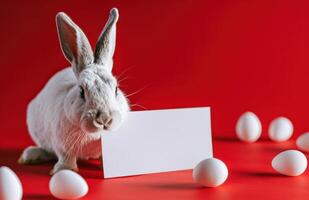 ai generado Pascua de Resurrección conejito y huevos en rojo superficie con blanco tarjeta foto