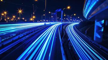 AI generated blue lines stretch out from the road with high speed lights photo