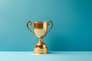 AI generated gold trophy cup on blue background, neural network generated image photo