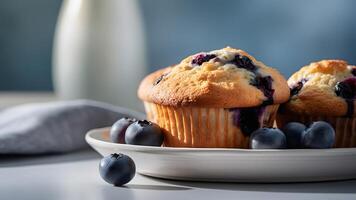AI generated white plate with gorgeous delicious keto blueberry muffins, neural network generated photorealistic image photo