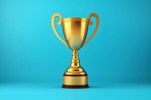 AI generated gold trophy cup on blue background, neural network generated image photo