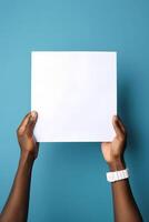 AI generated african american hands holding blank sheet of paper on blue background, neural network generated photorealistic image photo