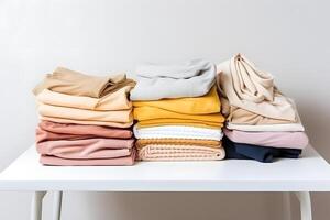 AI generated three colorful stacks of folded clothes on white laundry table, neural network generated photorealistic image photo