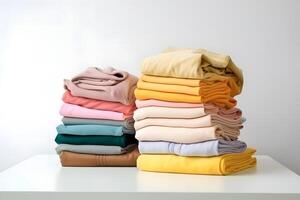 AI generated two colorful stacks of folded clothes on white laundry table, neural network generated photorealistic image photo