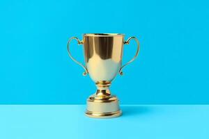 AI generated gold trophy cup on blue background, neural network generated image photo