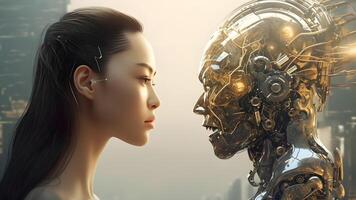 AI generated asian woman versus robot looking at each other, face to face, side view, neural network generated image photo