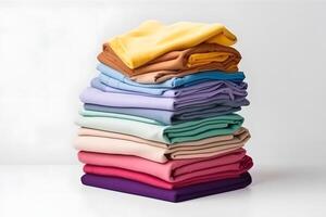 AI generated colorful stack of folded clothes on white laundry table, neural network generated photorealistic image photo