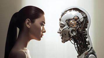 AI generated asian woman versus robot looking at each other, face to face, side view, neural network generated image photo