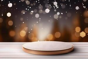 AI generated abstract snowy winter background with bokeh and round product podium, neural network generated image photo