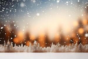 AI generated abstract bright snowy winter background with bokeh and white spruce forest tops, neural network generated image photo