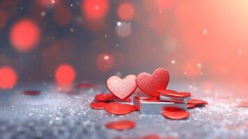 AI generated Saint Valentine day greeting card background with two red hearts against festive bokeh, neural network generated photorealistic image photo