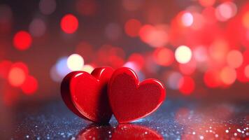 AI generated Saint Valentine day greeting card background with two red hearts against festive bokeh, neural network generated photorealistic image photo