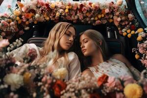 AI generated two attractive blonde caucasian young adult women on back seat of expensive car surrounded with flowers, neural network generated photorealistic image photo