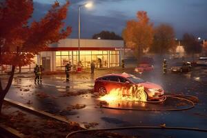 ai generado un coche es en fuego en un estacionamiento lote a otoño día, neural red generado imagen foto