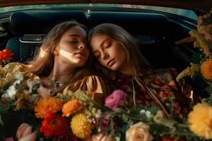 AI generated two attractive blonde caucasian young adult women on back seat of expensive car surrounded with flowers, neural network generated photorealistic image photo