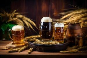 AI generated Oktoberfest beer glasses full of beer with wheat on wooden table, neural network generated photorealistic image photo