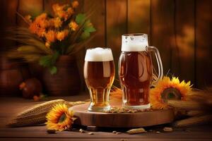 AI generated Oktoberfest beer glasses full of beer with wheat on wooden table, neural network generated photorealistic image photo