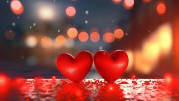 AI generated Saint Valentine day greeting card background with two red hearts against festive bokeh, neural network generated photorealistic image photo